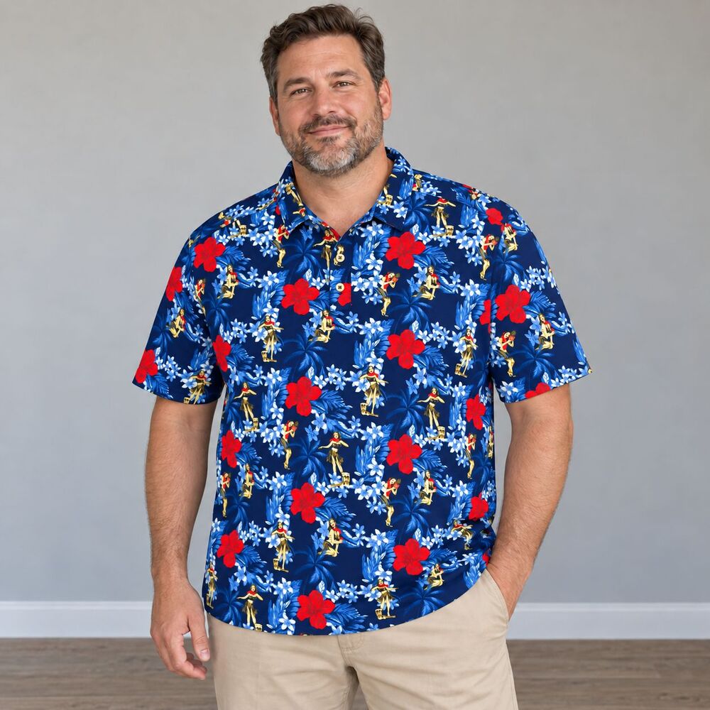 Tommy Bahama IslandZone Hula Girl Hibiscus Polo Shirt Men’s XL Blue Golf